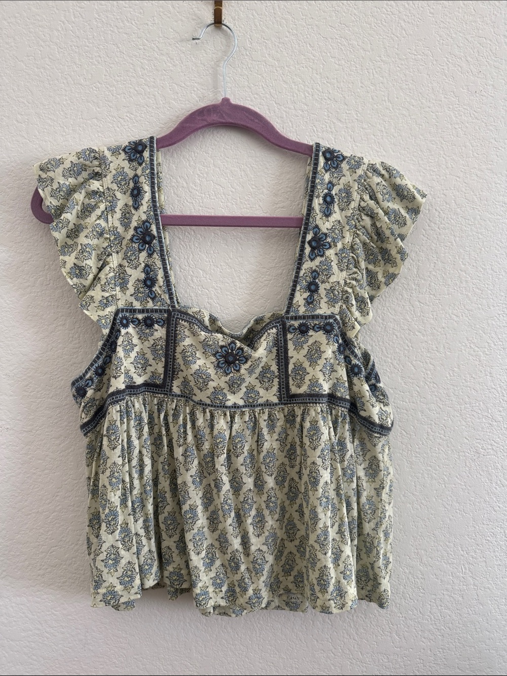 Free People Boho Floral Square-Neck Women’s Top in Cream and Blue